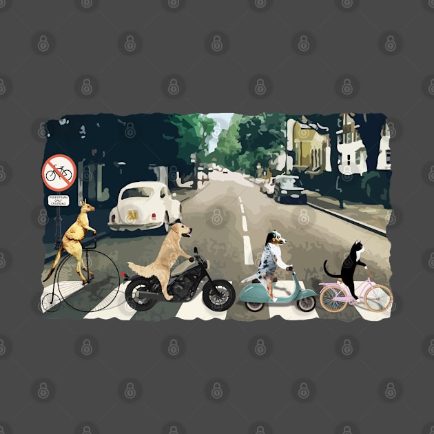 Abbey Road Beatles Spoof Cat and Dogs on Bikes Funny by sketchpets