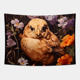 Retro Vintage Art Style Baby Chick in Field of Wild Flowers - Whimsical Farm Tapestry