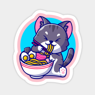 Cute Cat Eating Ramen Noodle With Chopstick Cartoon Magnet