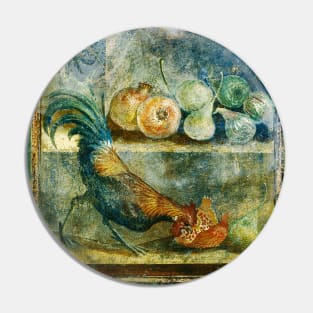 COCKEREL PECKING AT POMEGRANATES,FIGS AND PEARS ANTIQUE POMPEII MURAL PAINTING WITH FRUITS Pin