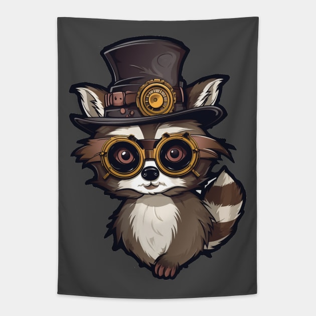 Cute Cartoon Steampunk Raccoon Tapestry by Obotan Mmienu