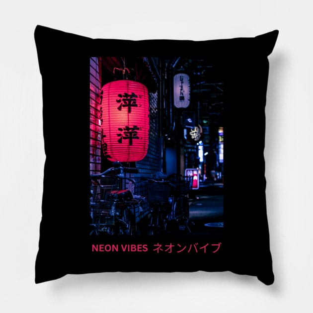 Japanese Neon Lantern Vibes Pillow by Ampzy