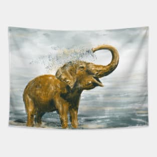 Loose Painting of a Baby Elephant Taking a Shower Tapestry