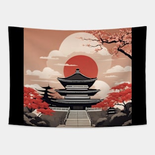 Japanese temple with red sun Tapestry