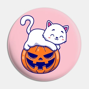 Cute Cat Laying On Pumpkin Halloween Cartoon Pin