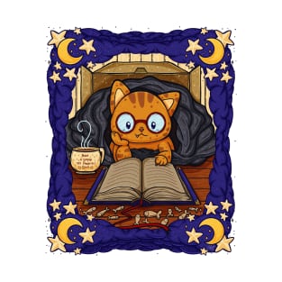 Cozy Cat in A Blanket with Book Line Art Illustration T-Shirt