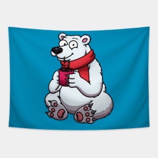 Cute Polar Bear In Red Scarf Drinking Hot Chocolate Tapestry