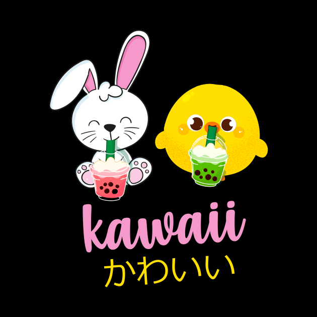 Kawaii cute anime bunny and duck drinking bubble tea by Trendy_Designs