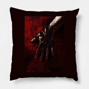 Digital collage, special processing. Hand, mystic. Ugly grainy texture on close up, so beautiful on distance. Dark, red, orange. Pillow