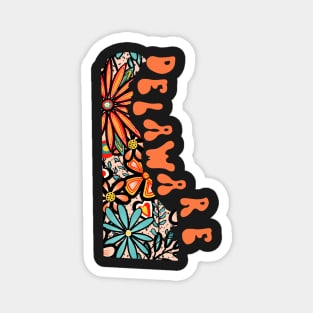 Delaware State Design | Artist Designed Illustration Featuring Delaware State Outline Filled With Retro Flowers with Retro Hand-Lettering Magnet