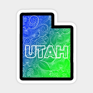 Colorful mandala art map of Utah with text in blue and green Magnet