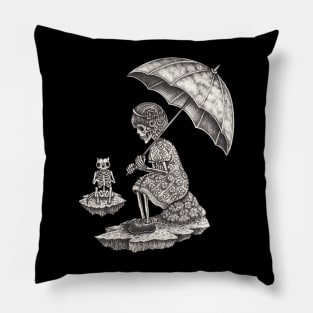 Fantasy surreal cat and girl skull. Pillow