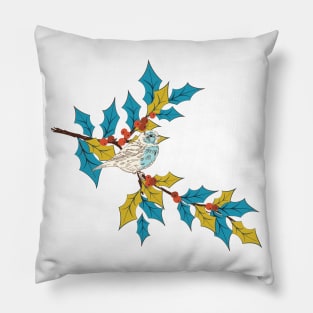 Cute Bird on a Holly Branch Pillow