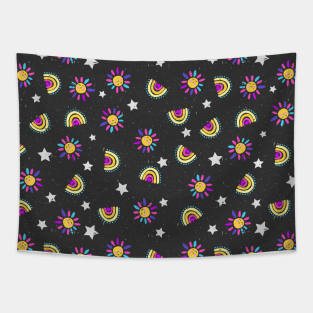 Cute Colorful Rainbows on Black Textured Background Tapestry