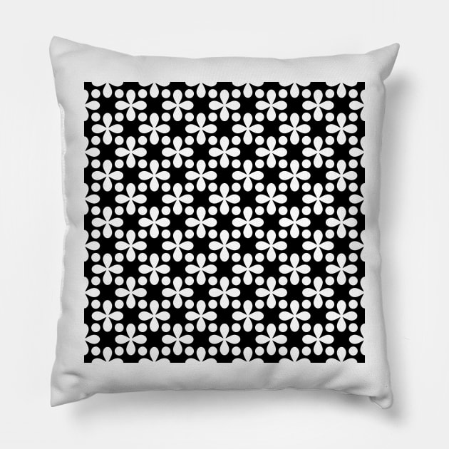 White Clovers and Dots Pattern on Black Background Pillow by Makanahele