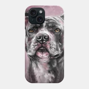 Painting of a Gray / Black Pit Bull Looking into the Horizon, on Purple Background Phone Case