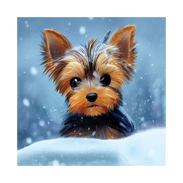 Adorable Yorkshire Terrier Puppy Dog in the Snow by Geminiartstudio