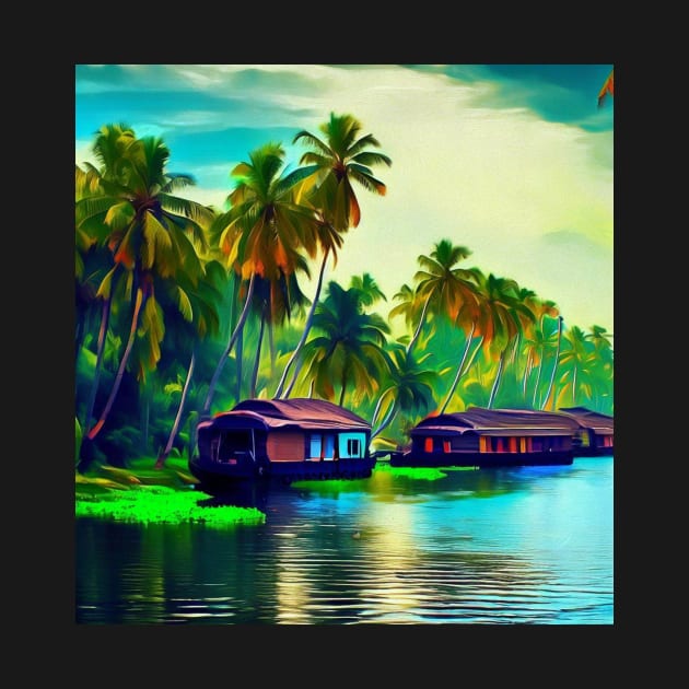 Elegant Kerala natural landscape of coconut trees sunset sky river and houseboat by Mandalasia