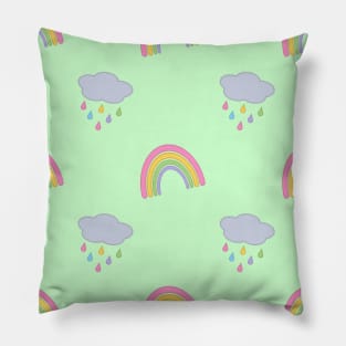 Rainbow and Rain Clouds Pattern in Green Pillow