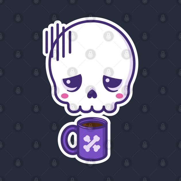 Dead inside, but caffeinated - kawaii skull with coffee cup (white outline) by Sugar & Bones