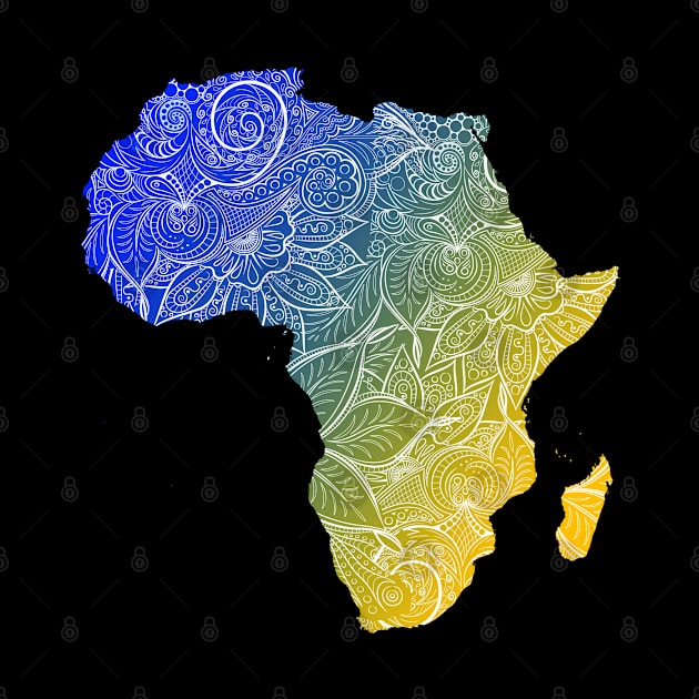 Colorful mandala art map of Africa with text in blue and yellow by Happy Citizen