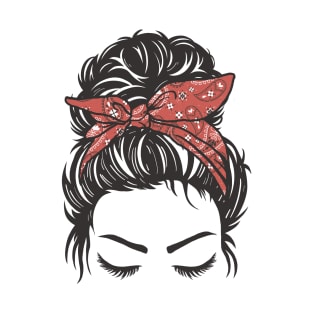 Messy Bun Girl Red Paisley Bandana T-Shirt