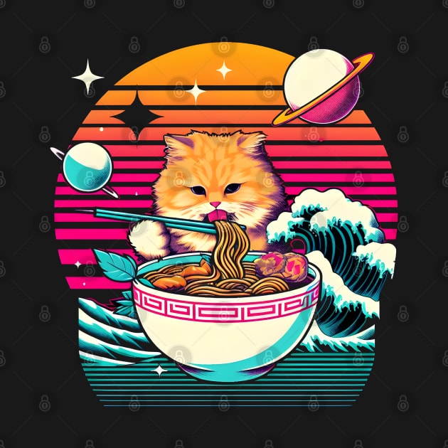 ORANGE CAT EATING SUSHI OUTERSPACE RETRO WAVE JAPANESE by athirdcreatives