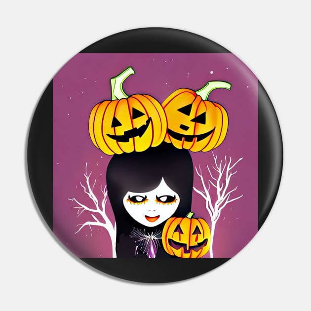 Gothy Witch Girl with Pumpkin Friends In Halloween Cheer Pin by SubtleSplit