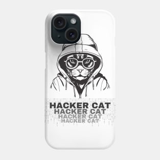 Hacker Cat. Hacker cat with hoodie and glasses, grayscale design Phone Case