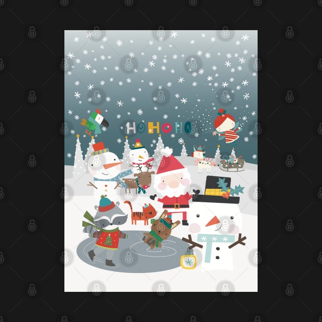 Fun greeting card with Santa and friends having a Christmas party outside by marina63