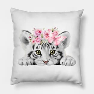 Cute Baby Tiger With Pink Flowers And Butterfly Pillow