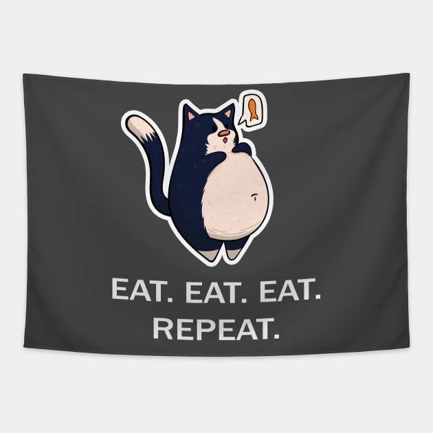 Black and White Fat Cat - Eat Eat Eat Repeat - White Font Tapestry by KPrimeArt