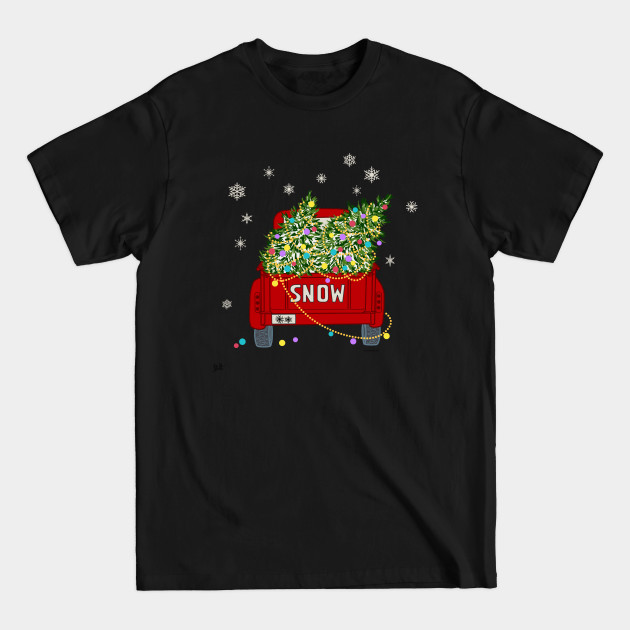 Disover Decorated Christmas Trees on Red Old Truck Snowing - Christmas Tree Truck - T-Shirt