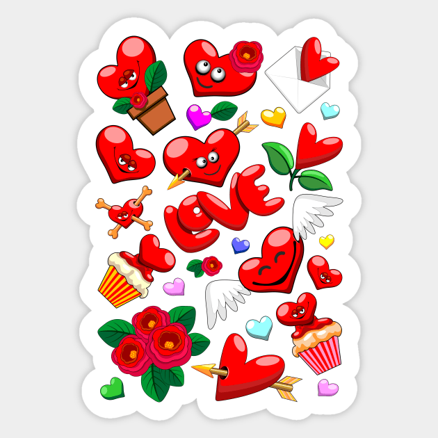 Valentine's Day Love Hearts Cute Doodles - Valentines Day Doodles - Sticker