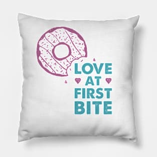Hand Drawn Donut. Love At First Bite. Lettering. Pillow