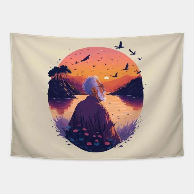 Old Man in a River with a Sunset Tapestry by ElMass