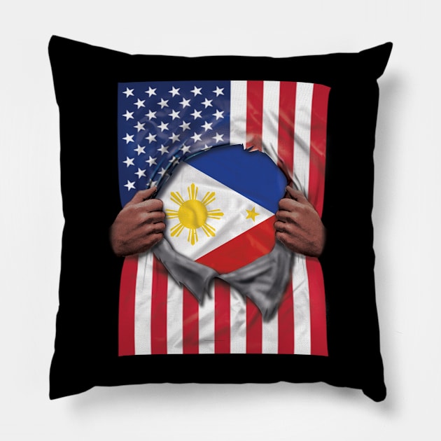 Philippines Flag American Flag Ripped - Gift for Filipino From Philippines Pillow by Country Flags