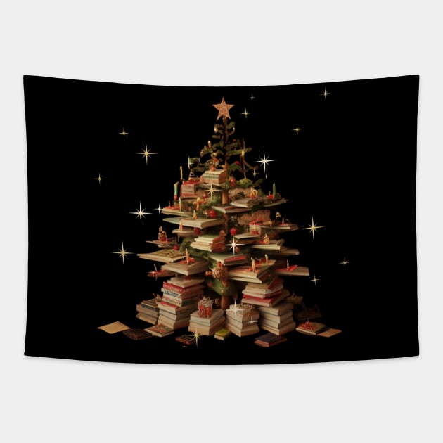 Merry Bookmas Books Christmas Tree Funny Reading Lover Christmas Tapestry by Positive Designer