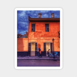 Sunny Days and Blue Skies on a New Orleans French Quarter Street with Orange Iconic Architecture and Nola People Walking in Southern Louisiana Magnet