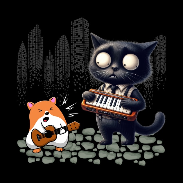 Funny Cat And Hamster Playing Keyboard And Guitar by Positive Designer