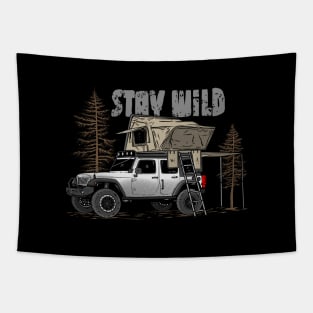 Stay Wild Jeep Camp - Adventure white Jeep Camp Stay Wild for Outdoor Jeep enthusiasts Tapestry