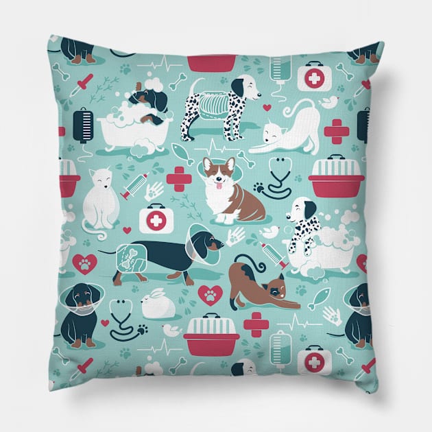 Veterinary medicine, happy and healthy friends // pattern // aqua background red details navy blue white and brown cats dogs and other animals Pillow by SelmaCardoso