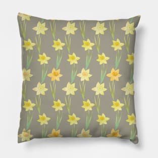 Yellow Watercolour Stemmed Daffodil Pattern on Khaki Pillow