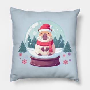 Festive Capybara in a Snow Globe Xmas Cheer Pillow