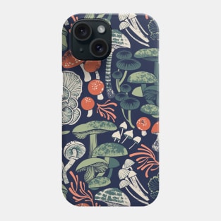 Mystical fungi // midnight blue background sage and forest green and orange wild mushrooms Phone Case