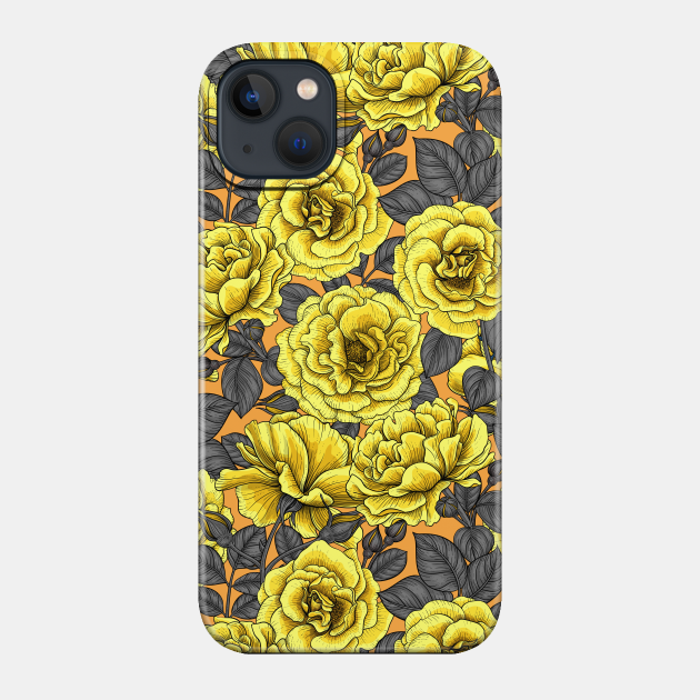 Yellow roses with dark gray leaves on orange - Roses - Phone Case