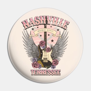 Vintage Nashville Tennessee Guitar and Roses Country Music City Beige Pin