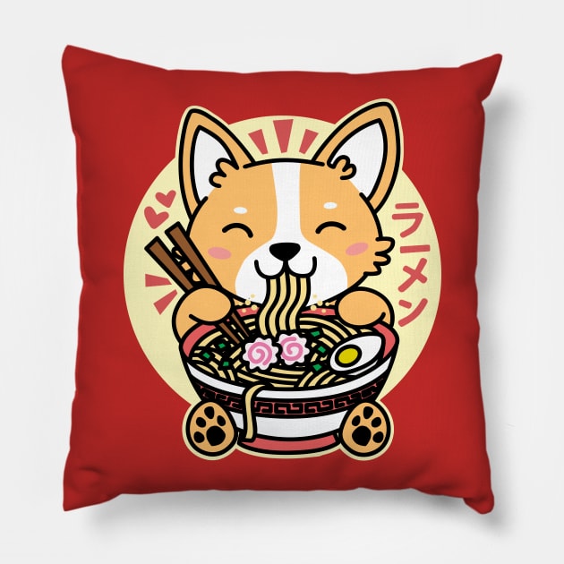 Corgi Eating Ramen Cute Kawaii Noodles Pillow by DetourShirts