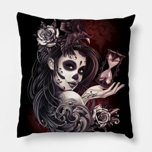 Sugar Skull day of the dead Girl with Crow Roses Pillow