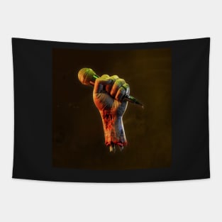 From our dead hands. Zombie fist with microphone WBG Tapestry